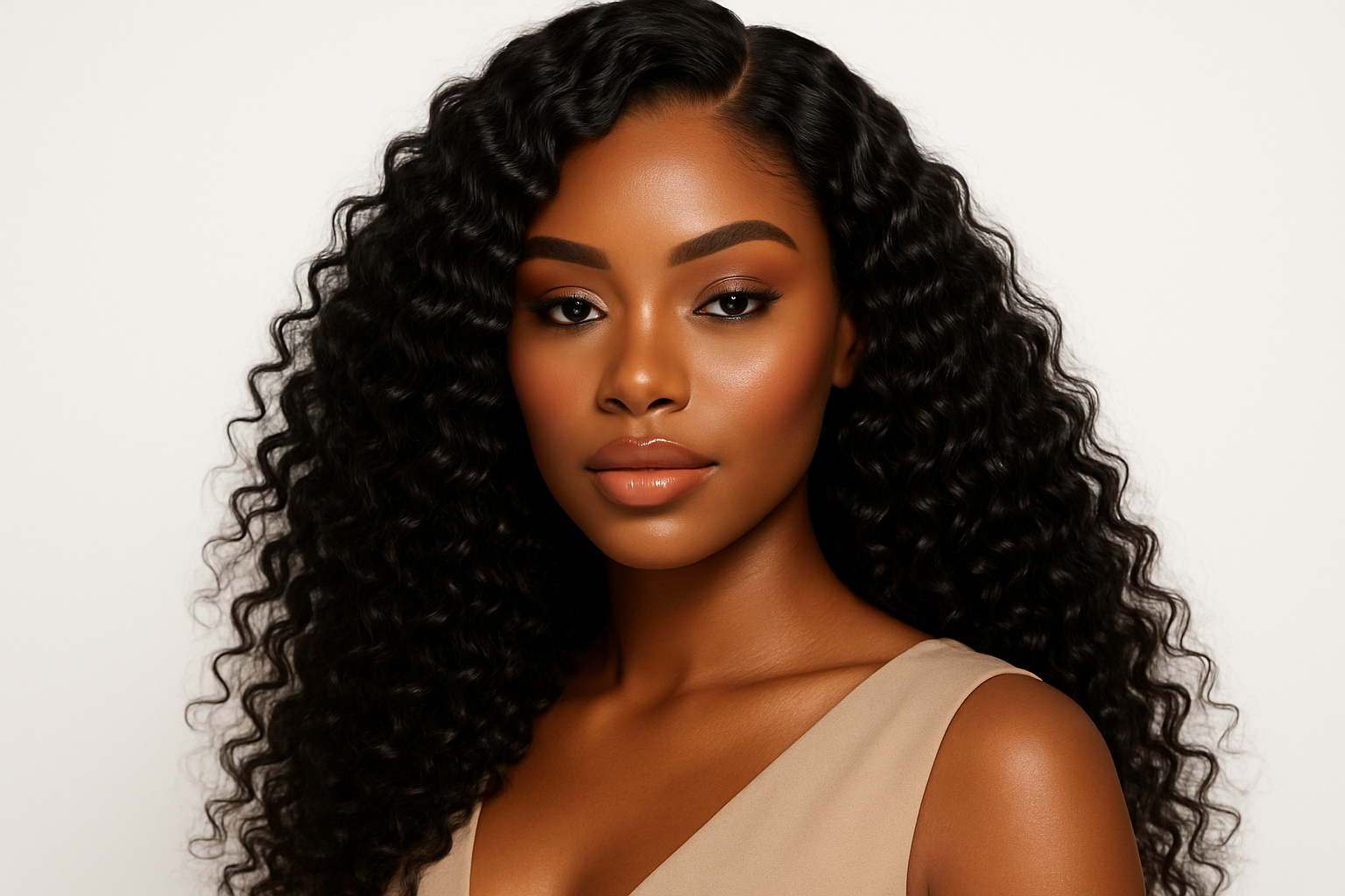 can you help me generate a luxurious image banner of a dark skinned woman with a Soft glam face beat, wearing a beige top, in a brazillian deep curly soft and silky raw human hair wig. image should have a white background