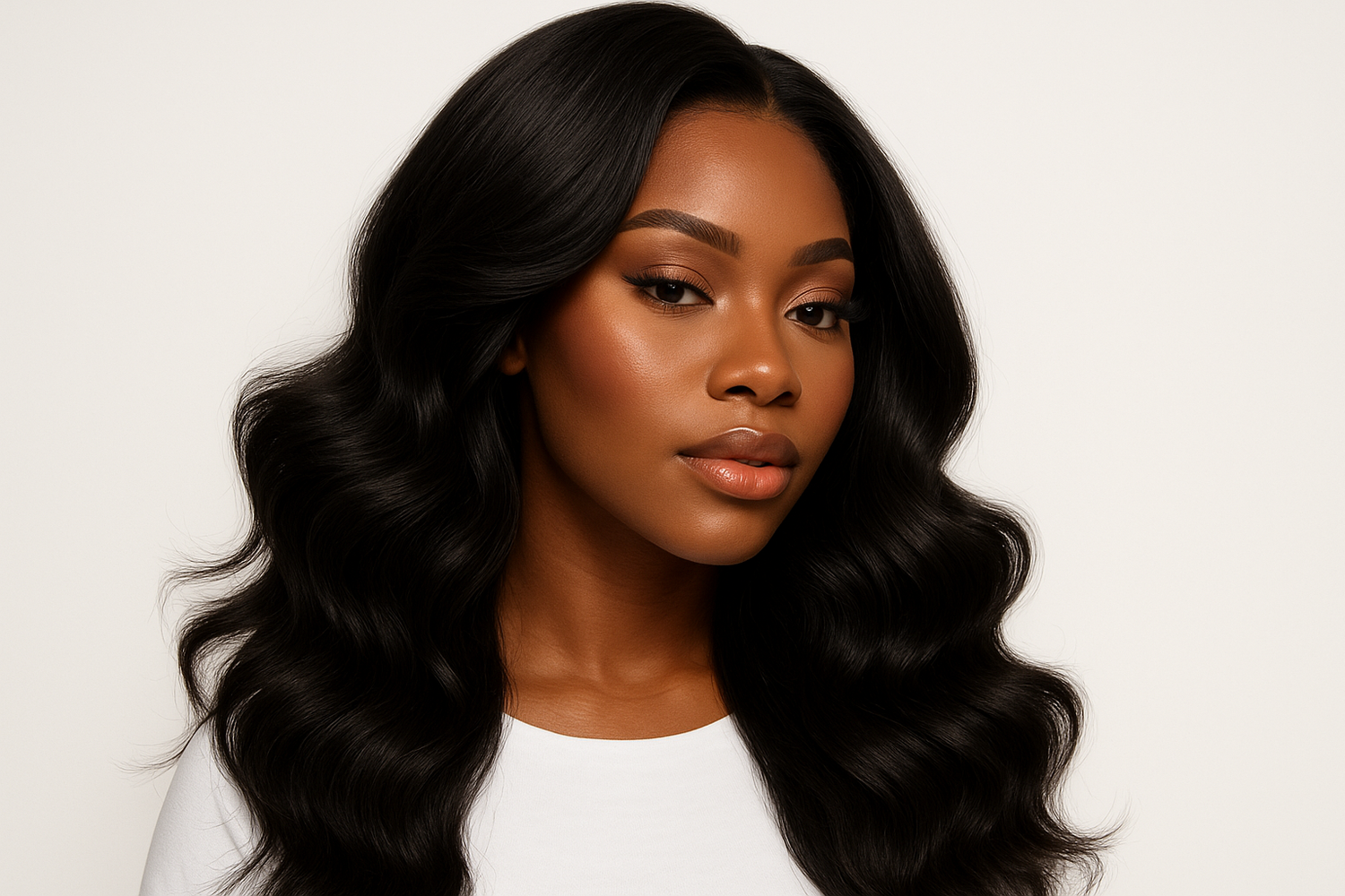 Can you help me generate an image banner of a dark skinned woman, soft glam face beat, White top, wearing a layered voluminous soft silky body raw hair wig. Image should have white background. 